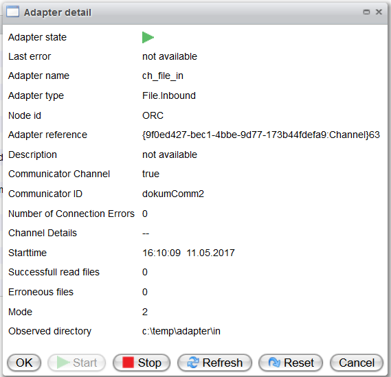 Adapter Detail Dialog of Channel, Running on a Communicator