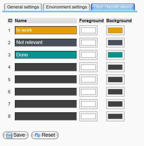 User classifications page