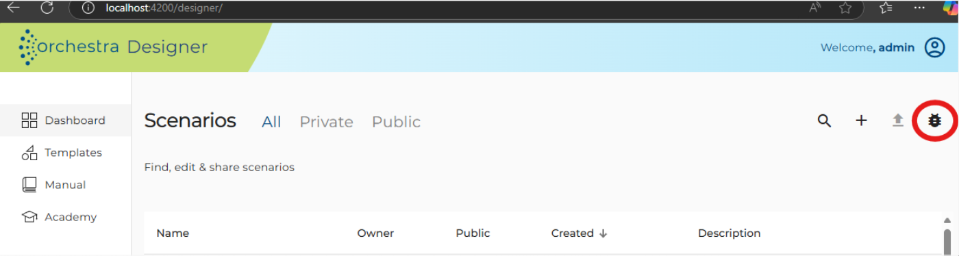 Debug Button on the Scenario Page