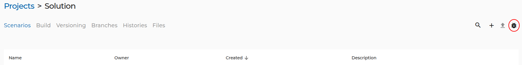 Debug Button on the Scenario Page
