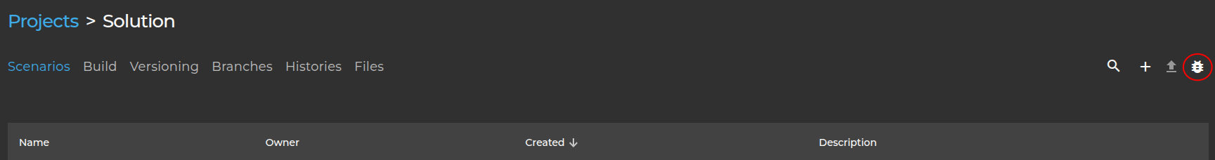 Debug Button on the Scenario Page