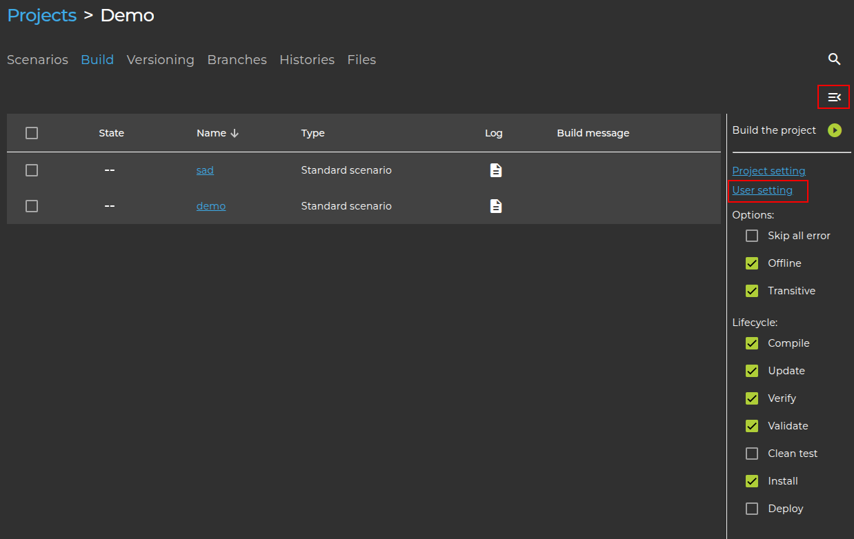 Figure 3. Project User Setting location